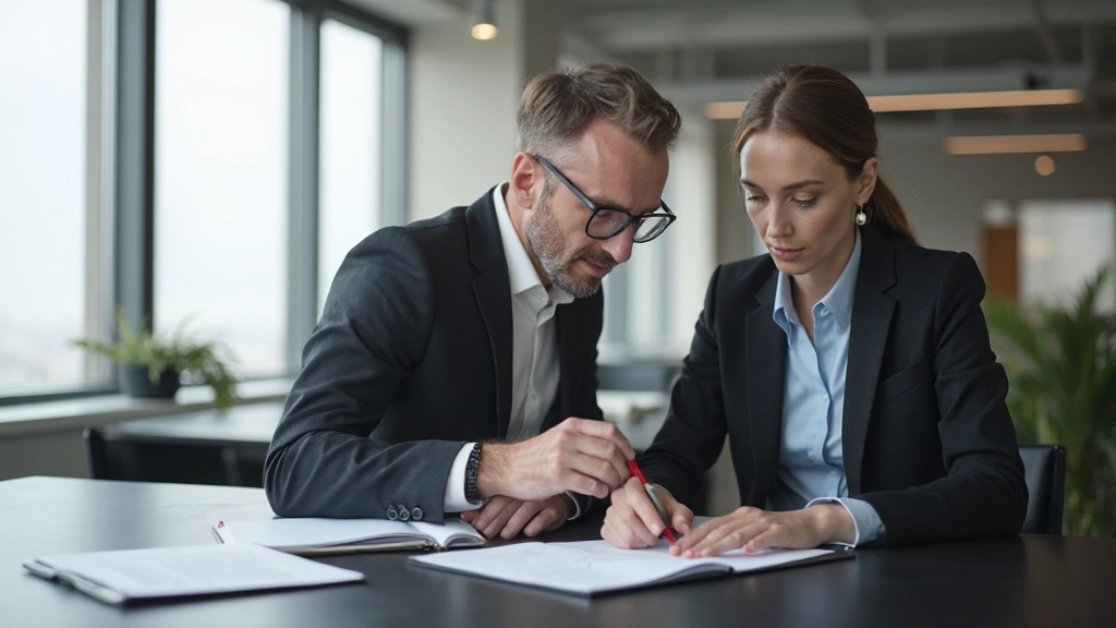 Professionella aff채rsr책dgivare som analyserar strategiska tillv채xtm책l i modernt kontor