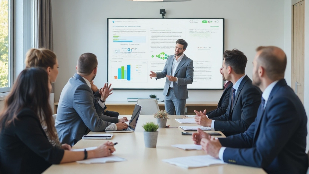 Professionell presentationsmiljö med strategi och innovation, team diskuterar digitala lösningar vid whiteboard