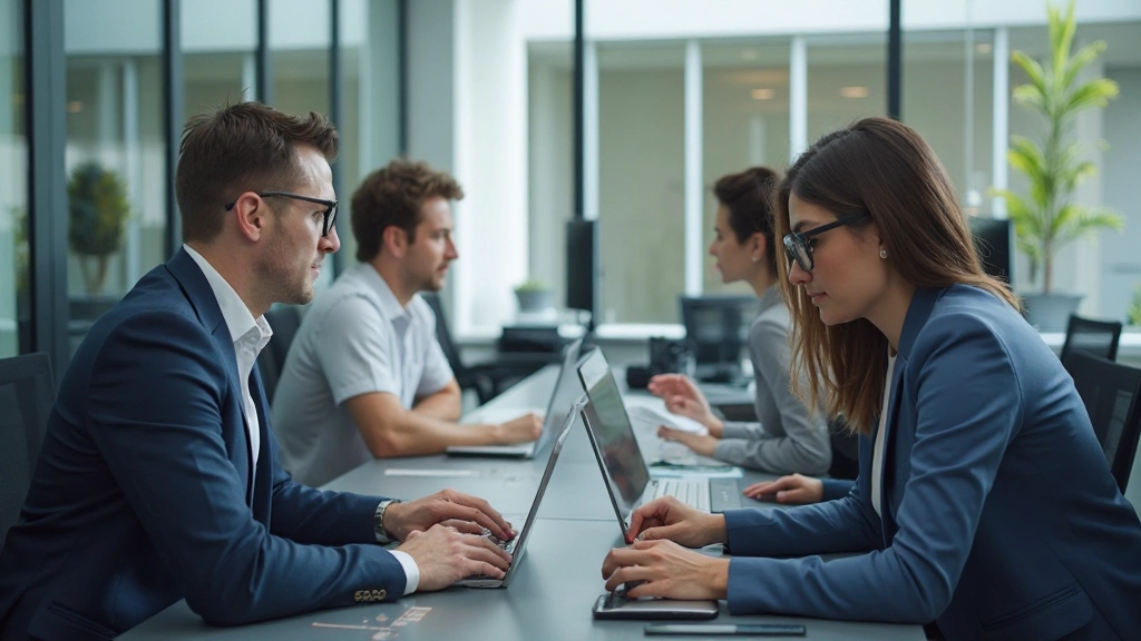 Professionell arbetsmiljö med digital transformation, modernt kontor med stora skärmar, datorer och samarbetande team