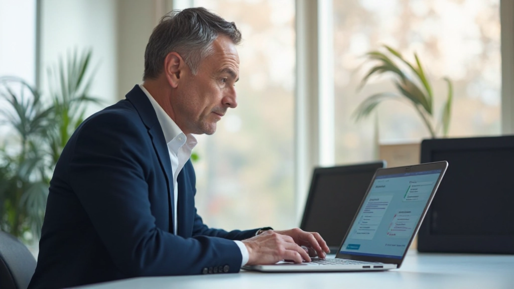 Senior management consultant reviewing performance metrics and business intelligence dashboards