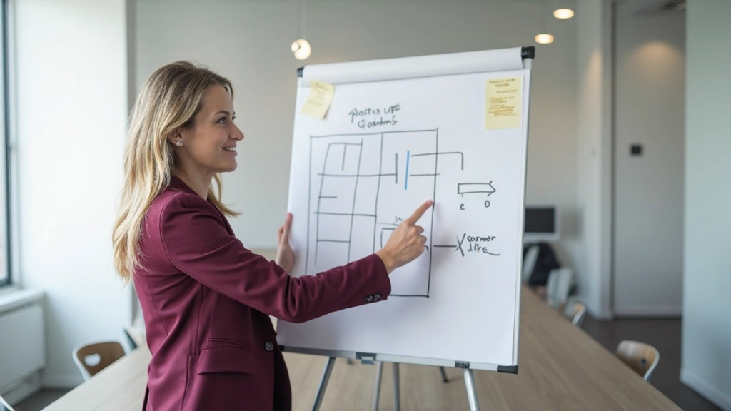 Strategisk affärsplanering med marknadspositioneringskarta på whiteboard